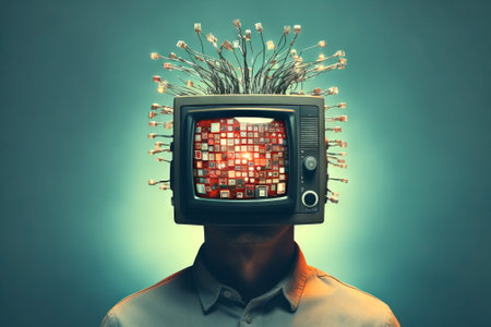Person with an intricate TV set as head, wires exposed. Hyper-Realistic Cyborg with Television Headの素材