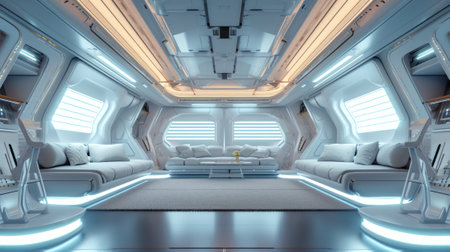 Modern futuristic minimalist design of spaceship interior with a modern aesthetic. Concept of space travel, future technology, exploration, cosmic living, and Earth observation.の素材