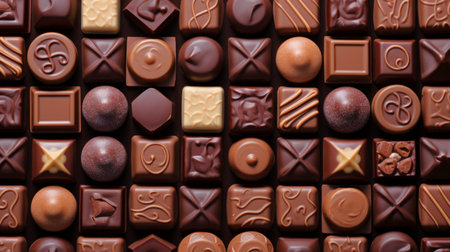 Assortment of luxury chocolates in various shapes and flavors. Top view. Tasty background. Concept of confectionery, gourmet sweets, chocolate variety, luxury treats, assorted candiesの素材