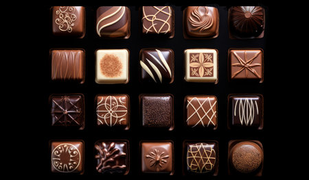 Array of gourmet chocolate candies with decorative patterns on black background. Top view. Concept of confectionery, gourmet sweets, chocolate variety, luxury treats, assorted chocolatesの素材