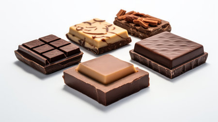 Five unique chocolate candies on a white background. Concept of confectionery variety, chocolate truffles, gourmet sweets, dessert selection.の素材