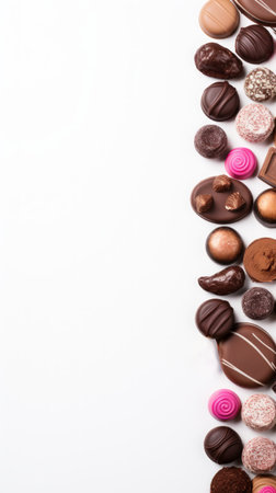 Chocolates with different fillings and berries on white backdrop. Top view. Copy space. Concept of confectionery, dessert arrangement, gourmet chocolate, fruit pairing. Vertical formatの素材