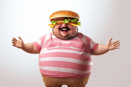Cheerful cartoon fat man with a burger head and t-shirt. Concept of whimsical art, fast food culture, digital illustration, creative character design, unhealthy eating, and caricature.の素材