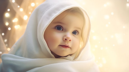 Photo pour Smiling baby with a sparkling background, embodying joy and innocence. Concept of childhood happiness, purity, and wonder. - image libre de droit