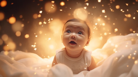 Happy baby with twinkling lights, radiating sense of wonder and delight. Concept of innocence, joyful discovery, and cherubic charm. Copy spaceの素材