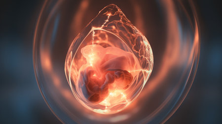 Embryonic form cradled in a glowing, swirling enclosure. Concept of beginning of life, growth, potential, futurism.の素材