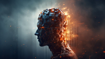 Profile of a head disintegrating into cubes against a dark backdrop. Concept of digital transformation, data visualization, Artificial intelligence, and innovation.の素材