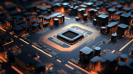 Close-up of a computer motherboard, showcasing intricate chip design. Computer chip, semiconductor, data abstraction. Electronic board. Useful for for tech industry marketing and educational contentの素材