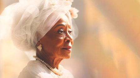 Senior African American bride in a white wedding dress. Concept of wedding joy, senior love, new beginnings, celebratory moments, and elegant aging. Banner with copy spaceの素材