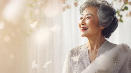 Graceful elderly Asian bride in white wedding dress with a serene smile. Concept of elegance, maturity, bridal beauty, joyous occasions, and cultural traditions. Banner with copy spaceの素材