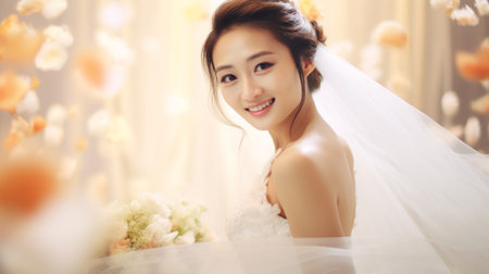 Young Asian woman in white wedding dress with a veil. Beautiful bride. Close up. Light festive background. Concept of wedding day, marriage, bridal beauty, and romance.の素材