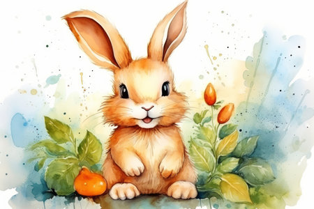 Watercolor illustration of a bunny with vegetables. Aquarelle splashes. Concept of funny cartoon character, healthy food, and charming wildlife portrayal.の素材