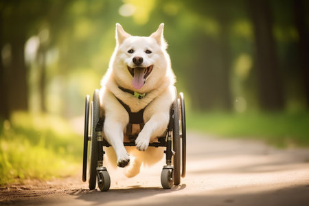 Smiling Siberian Husky in a wheelchair on a park pathway, bathed in sunlight. Concept of adaptive pet care, disabled animal support, and outdoor enjoyment.の素材