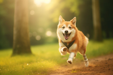 Energetic Corgi with a prosthetic legs running joyfully in the park. Concept of pet resilience, animal prosthetics, and active lifestyle for dogs.の素材