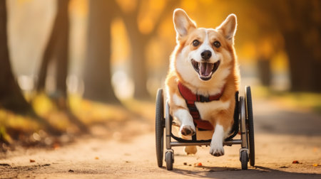 Joyous Corgi using a wheelchair on a path. Concept of animal welfare, assistive technology for pets, and the joy of fall.の素材