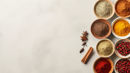 Variety of spices, seasonings and herbs in bowls on white background. Top view. Banner with copy space. Concept of cooking, culinary arts, seasoning, and gourmet ingredients.の素材