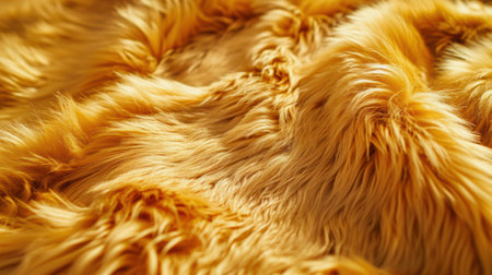 Close-up of a vibrant gold texture of soft fur with various shades of yellow. Dyed animal fur. Concept is Softness, Comfort and Luxury. Can be used as Background, Fashion, Textile, Interior Designの素材