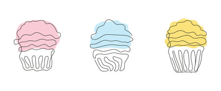 Set of colorful cupcakes in style of continuous one line drawing. Simple line art of muffins with...