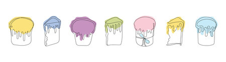Set of colorful Easter Kulich cakes with icing. Continuous one line drawing. Traditional Ukrainian Easter cupcakes. Vector illustration isolated on white. Design element for print, greetingのイラスト素材