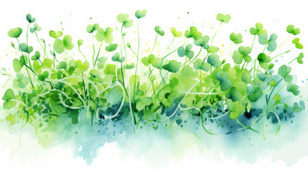 Watercolor microgreens. Light background with aquarelle splashes. Concept of urban gardening, nutritious sprouting, compact farming, healthy lifestyle, grows, springtime, botanical art.の素材