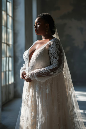 Statuesque plus-sized African American bride in a white wedding gown, standing contemplatively. Concept of bridal poise, sophisticated attire, and intimate moments. Vatical formatの素材