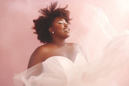 Blissful full-figured African American bride in a flowing white wedding dress, her joy captured in a candid moment. Concept of bridal joy, natural beauty, and elegant simplicity. Copy spaceの素材