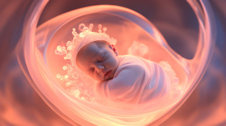 Fetus inside a glowing womb. Sleeping infant in a translucent sphere. Concept of new life, nurturing warmth, comfort, calmness, beginnings, and innocence.の素材