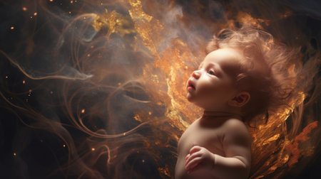 A baby surrounded by golden cosmic dust and smoky tendrils.の素材
