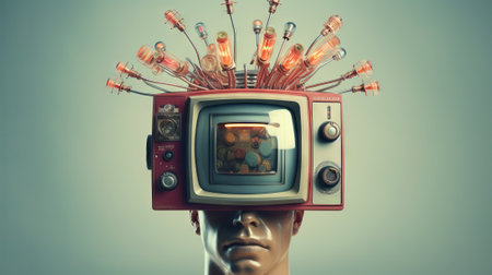 Mannequin with an intricate TV set as a head, wires exposed.の素材