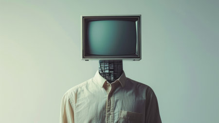 Figure with a television set for head on a light background. Concept of media influence, anonymity, information overload, screen time, and digital identity.の素材