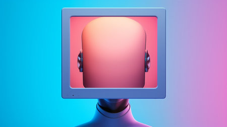 Vibrant gradient backdrop with figure sporting a monitor for a head.の素材