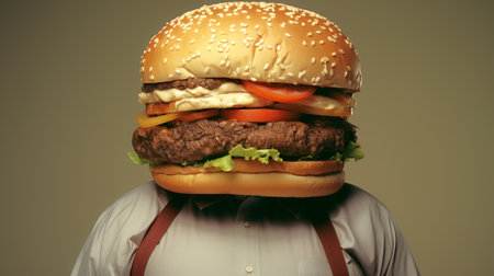 Fat person with hamburger head. Concept of fast food, unhealthy eating, appetite, surreal art, and humor.の素材