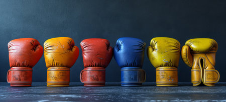 Six leather boxing gloves, each in different bold colors, standing on a dark blue surface. Concept of diversity in sports, the colorful world of boxing, boxing equipment, and the wear of active use.の素材
