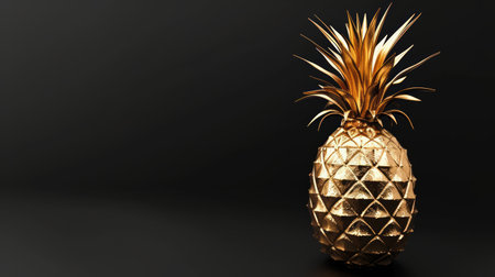 Golden pineapple made of gold against a dark background. Perfect for luxury branding and high-end product presentations, embodying exclusivity. Jewelry fruit. Banner with copy spaceの素材