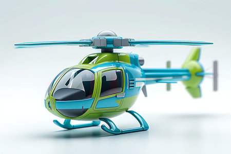 Futuristic green blue toy helicopter isolated on a white background. Concept of kids friendly toys, aviation playthings, playful designs, and bright colorsの素材