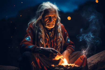 Elderly Native American man in traditional tribal clothing, sits by fire at night. A leader of Apache or Cherokee tribe. Shaman. Starry night, blazing campfire, cultural heritageの素材