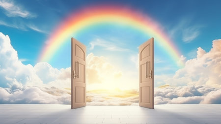Open doors leading to a rainbow in the sky. Concept of hope, dreams, positivity, new horizons, freedom, the unknown, mystery, and wonder.の素材