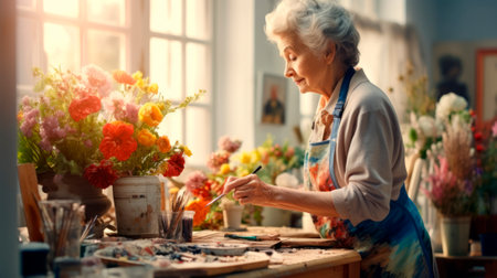 Senior painter with colorful flowers in a light-filled workshop. Concept of retirement lifestyle, art as therapy, leisure, and expression.の素材