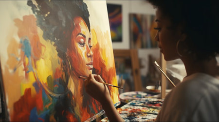 Young African American lady painter with curly hair next to her artwork in an art studio. Concept of artistic talent, fine arts, creative process, oil painting, and cultural diversity.の素材