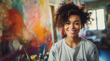 Smiling young mixed-race woman painter with curly hair next to her artwork in an art studio. Concept of artistic talent, fine arts, creative process, oil painting, and cultural diversity.の素材