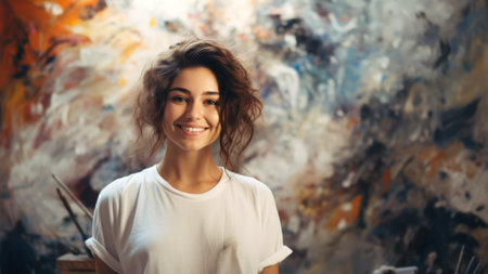 Smiling young woman painter with curly hair next to her artwork in an art studio. Concept of artistic talent, fine arts, creative process, oil paintingの素材