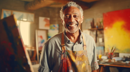 Mature smiling African American man artist next to his artwork in an art studio. Concept of artistic talent, senior creativity, art therapy, interesting hobby, exciting leisure time, oil paintingの素材