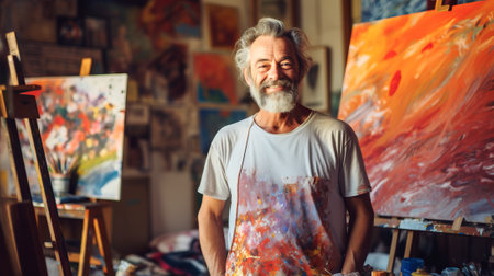 Elderly smiling Caucasian man painter next to his artwork in art studio. Concept of artistic talent, senior creativity, art therapy, interesting hobby, exciting leisure time, oil paintingの素材