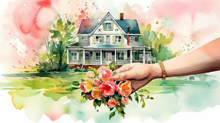 Watercolor painting of a house with a hand holding flowers. Concept of home beauty, gardening, and real estate decor.の素材