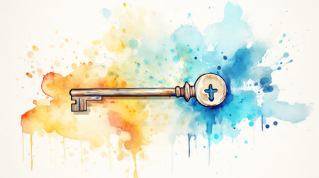 Watercolor painting of a decorative key. Concept of mystery, vintage charm, unlocking, creative design, antique keys, and historical secrets.の素材
