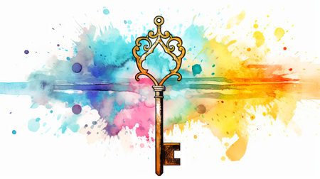Vintage key with colorful watercolor splashes. Concept of mystery, vintage charm, unlocking, creative design, antique keys, and historical secrets.の素材