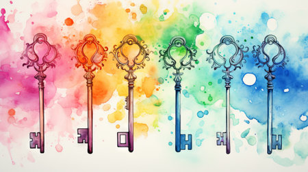 Ornate keys against a vibrant watercolor background. Concept of mystery, vintage charm, unlocking, creative design, antique keys, and historical secrets.の素材