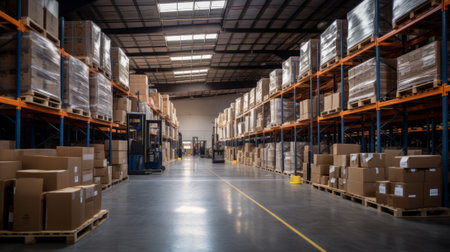 Warehouse interior with shelves of goods in cartons and a forklift. Concept of logistics, storage, supply chain management.の素材