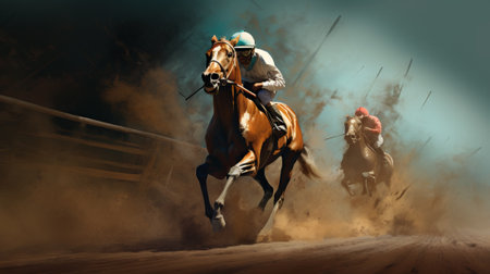 Racing horse and jockey in mid-race with a dramatic dust cloud. Concept of animal speed, competitive riding, horse racing, and sporting event.の素材