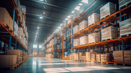Sunlit warehouse aisle with stacked goods and high shelves. Concept of distribution, storage efficiency, supply chain.の素材